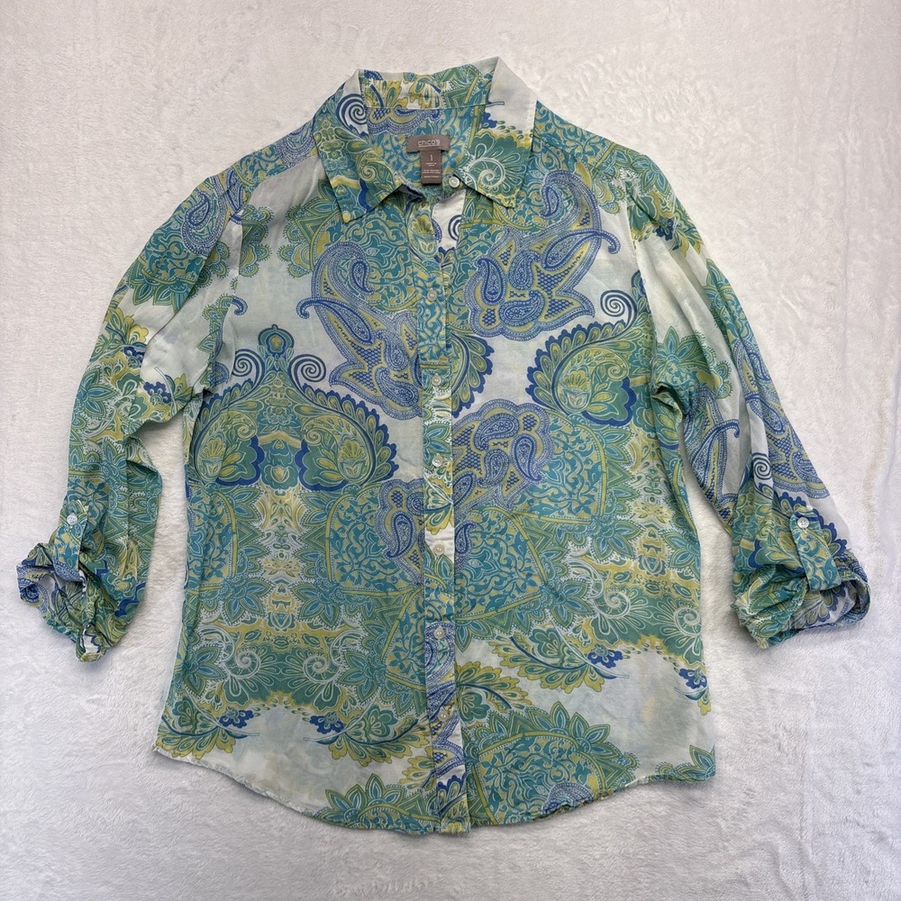 Chico's Blouse Womens Size 1 (4/6) Green Paisley Button Up 3/4 Sleeve